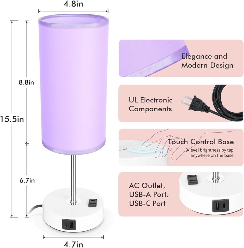 Gugsey Bedside Table Lamp with USB Port - Touch Desk Lamp for Bedroom, 3 Way Dimmable Small Nightstand Lamp for Living Room, Bedroom Lamps for Room Decor, Purple - Image 2