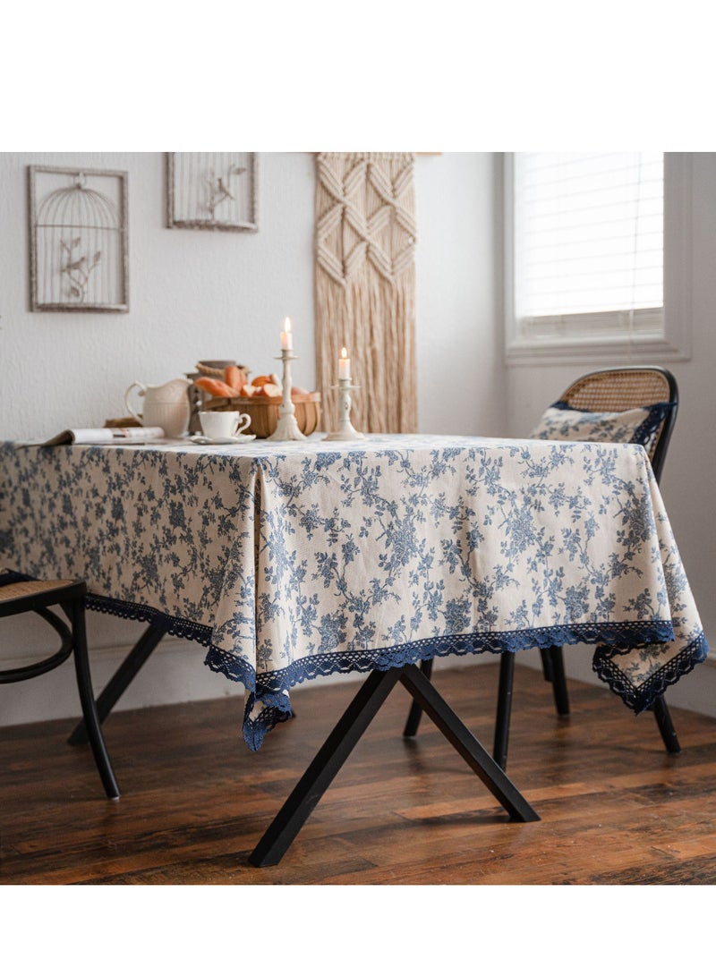 مفرش طاولة قطن وكتان بتصميم زهور عتيق، 100x140 سم و 140x200 سم، أزرق كليّن وأبيض، مفرش طاولة أنيق لغرف الطعام، المطبخ والنزهات - Image 1