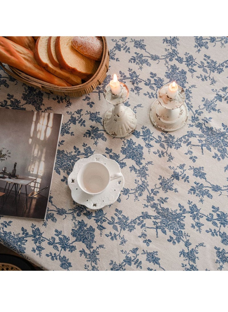 مفرش طاولة قطن وكتان بتصميم زهور عتيق، 100x140 سم و 140x200 سم، أزرق كليّن وأبيض، مفرش طاولة أنيق لغرف الطعام، المطبخ والنزهات - Image 3