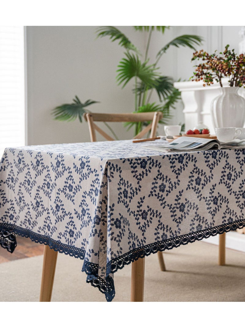 مفرش طاولة قطن وكتان بتصميم زهور عتيق، 100x140 سم و 140x200 سم، أزرق كليّن وأبيض، مفرش طاولة أنيق لغرف الطعام، المطبخ والنزهات - Image 4