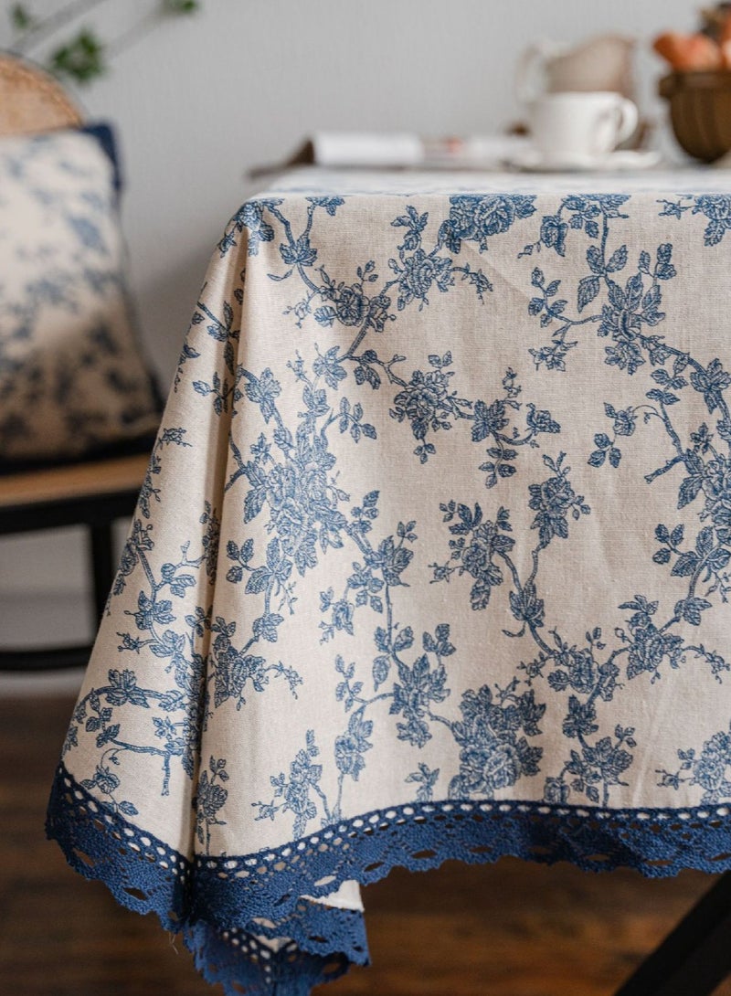 مفرش طاولة قطن وكتان بتصميم زهور عتيق، 100x140 سم و 140x200 سم، أزرق كليّن وأبيض، مفرش طاولة أنيق لغرف الطعام، المطبخ والنزهات - Image 5