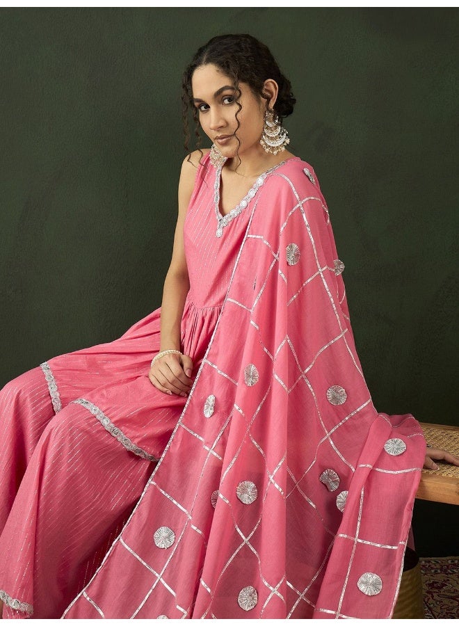 AKS Striped Empire Sequinned Pure Cotton Kurta with Sharara With Dupatta - Image 1