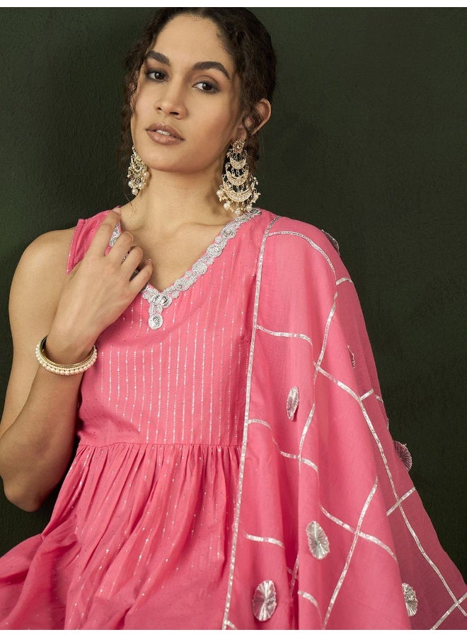AKS Striped Empire Sequinned Pure Cotton Kurta with Sharara With Dupatta - Image 2