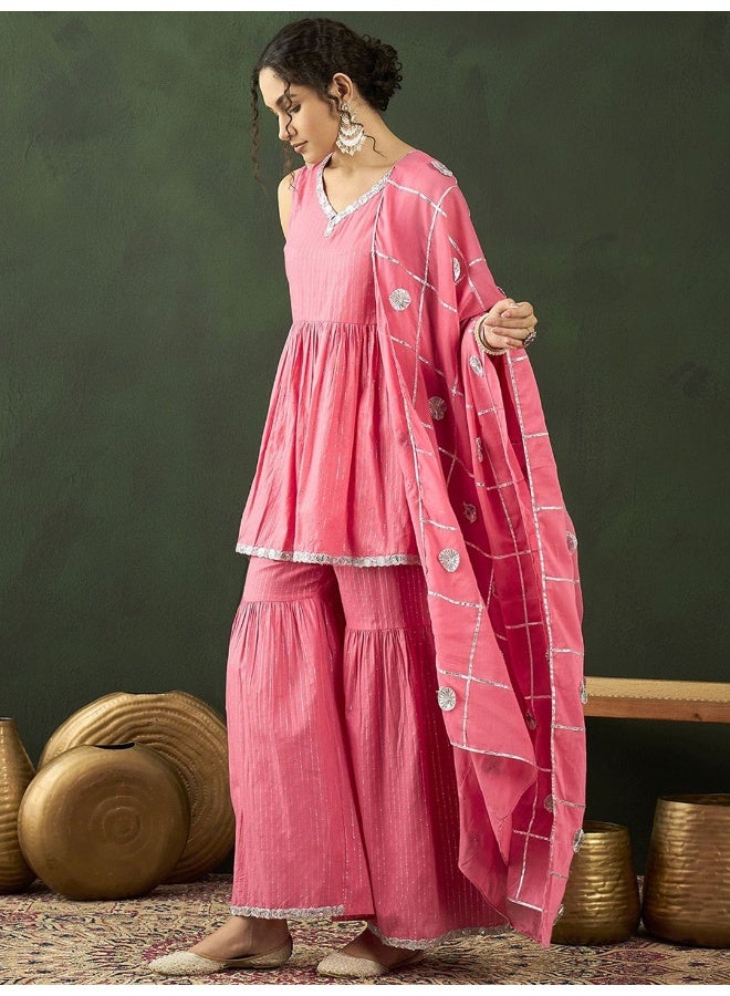 AKS Striped Empire Sequinned Pure Cotton Kurta with Sharara With Dupatta - Image 4