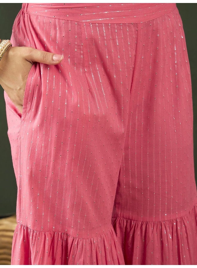 AKS Striped Empire Sequinned Pure Cotton Kurta with Sharara With Dupatta - Image 3