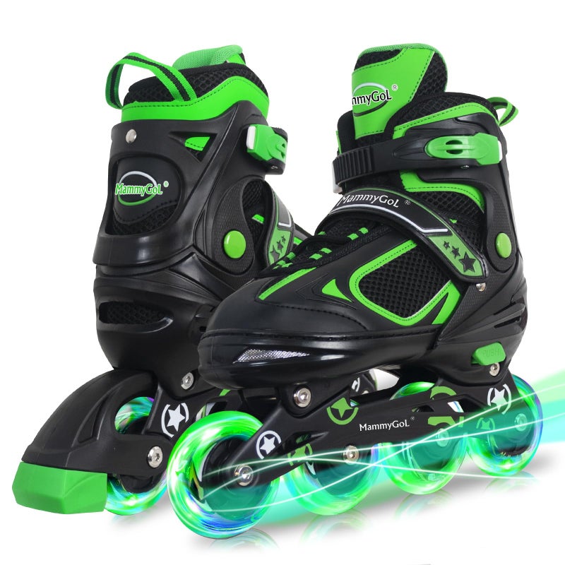 MammyGol Adjustable Inline Skates for Boys Girls Kids Youth with Light up Wheels, Green Beginner Blades Roller Skates for Boys Size 5 6 7 8 Ages 6-12 - Image 1