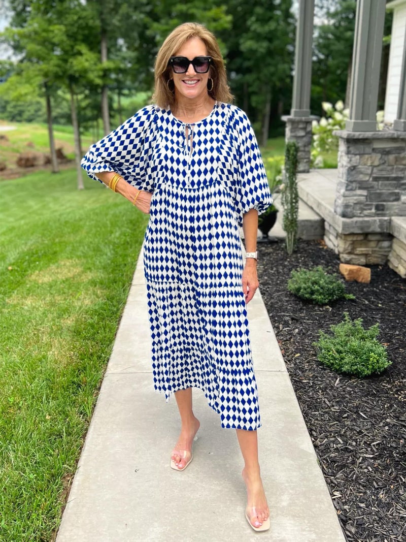 miduo Womens Casual Spring Summer V Neck Short Half Sleeve Bohemian Beach Geometric Pattern Maxi Long Dresses Prom Blue M - Image 5