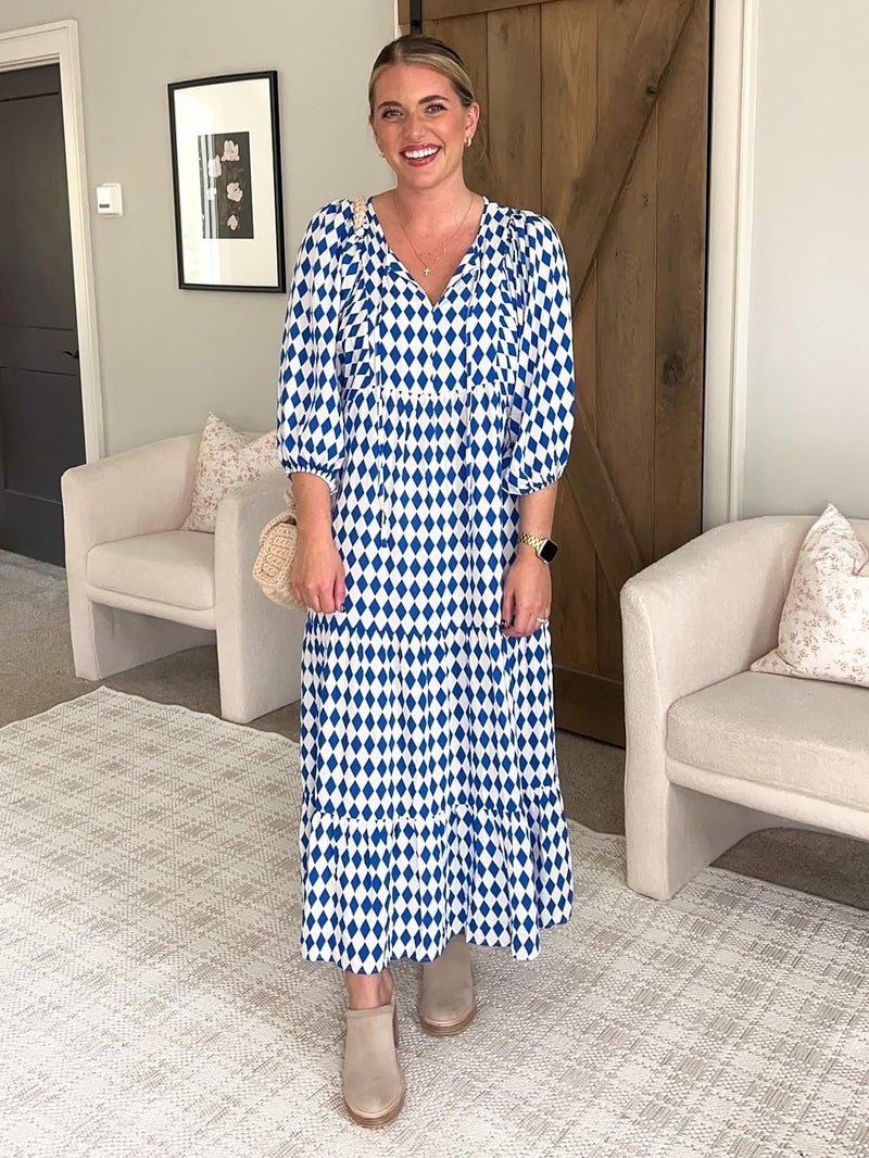 miduo Womens Casual Spring Summer V Neck Short Half Sleeve Bohemian Beach Geometric Pattern Maxi Long Dresses Prom Blue M - Image 2