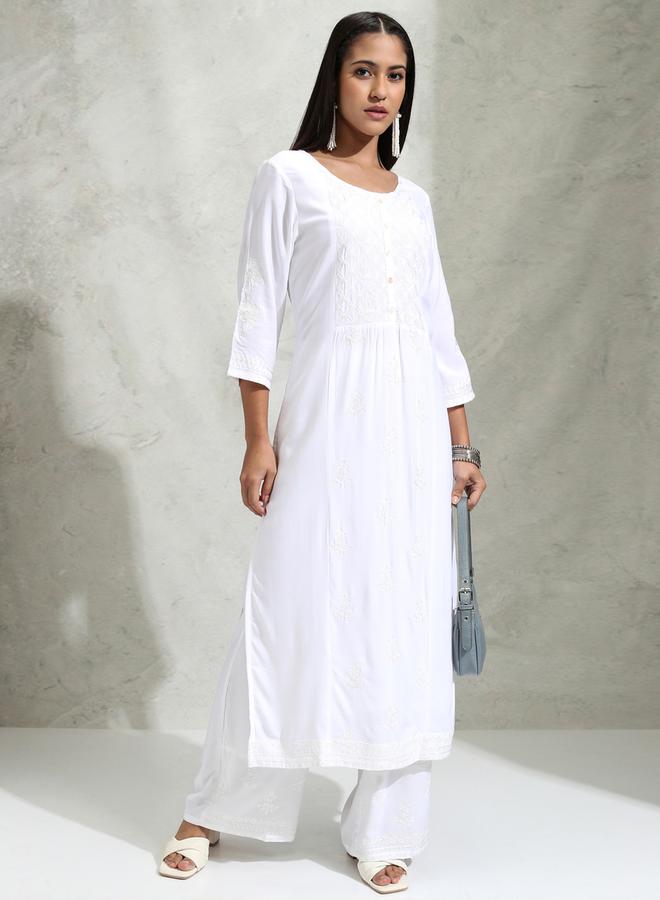 Vishudh Floral Embroidered Thread Work Straight Kurta & Palazzos Set by Styli  - Image 2
