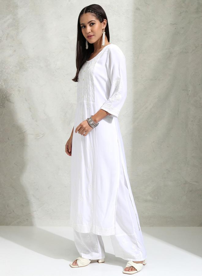 Vishudh Floral Embroidered Thread Work Straight Kurta & Palazzos Set by Styli  - Image 4