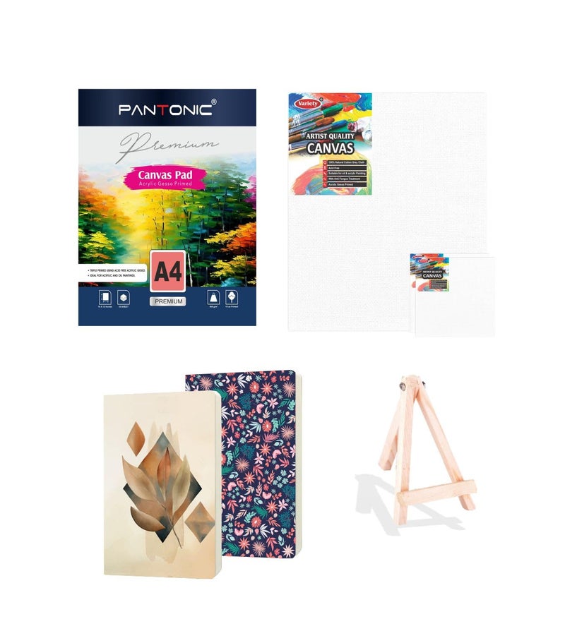 Variety Canvas Art Kit for Artists n Students Which Includes [ Canvas Boards 3pc, A/4 Canvas Pad, Journal Sketchnotebook 2 pc, Easel Stand 8" ] Pack of 7 - Image 1