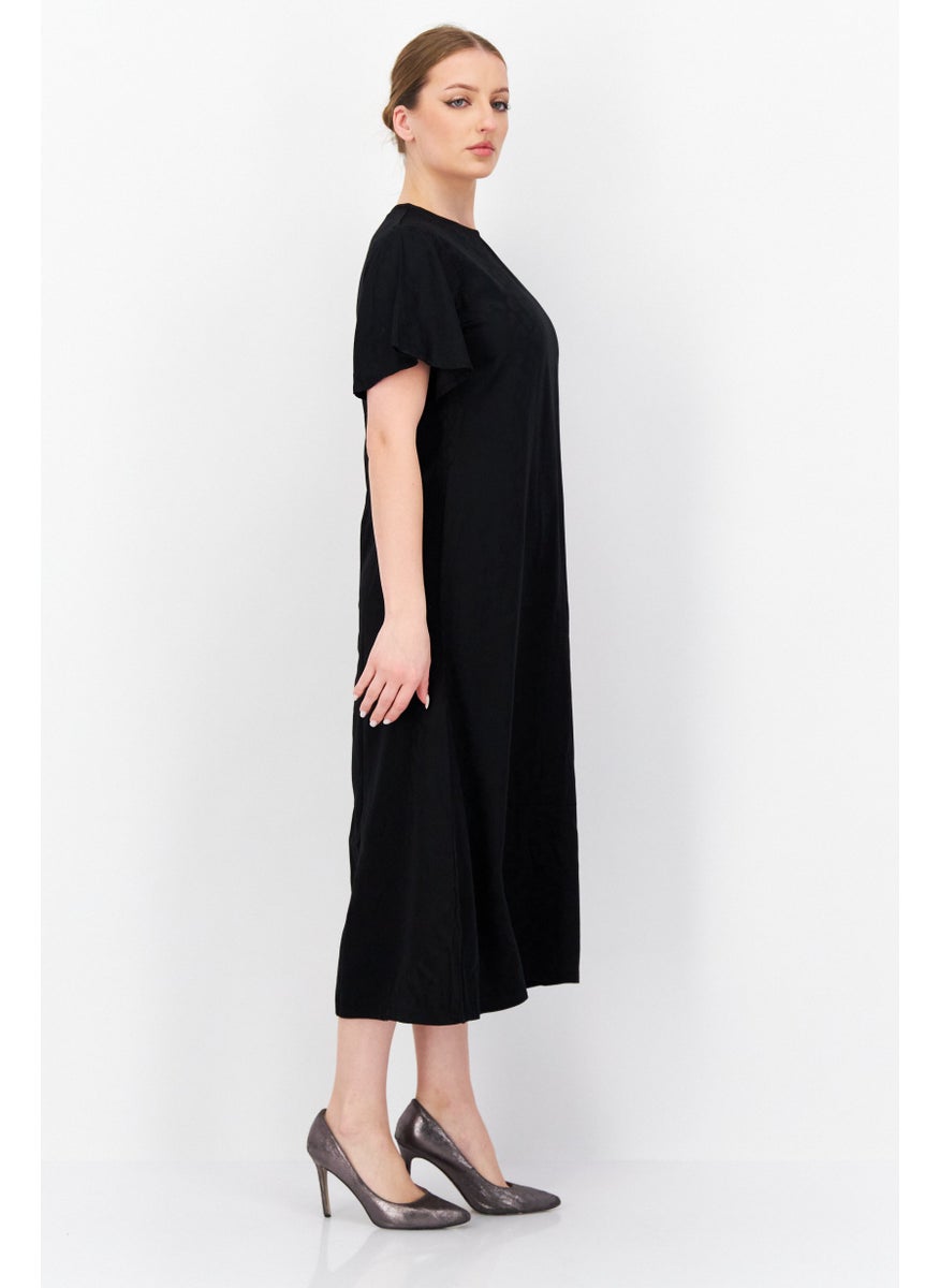 KAYFI - Women Textured Midi Casual Dress, Black - Image 1
