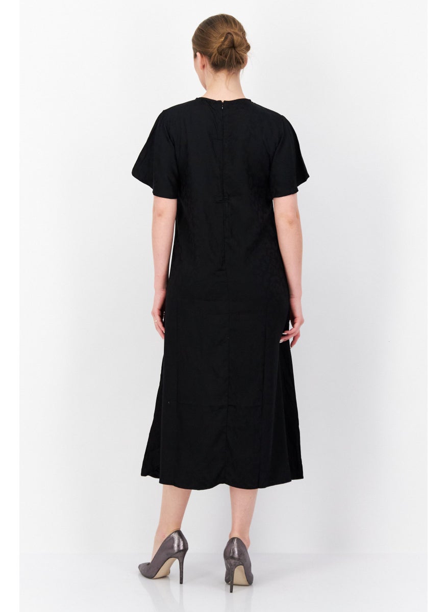 KAYFI - Women Textured Midi Casual Dress, Black - Image 1