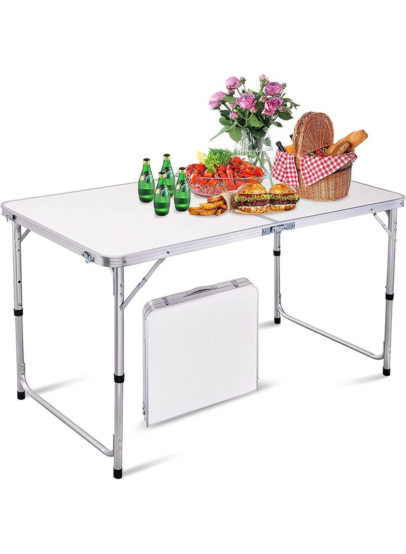 Foldable Picnic Table 1.2 m – Portable Aluminum Camping Table with Plastic Handle – Adjustable Height – Ideal for Picnics, Parties & BBQ – White - Image 1