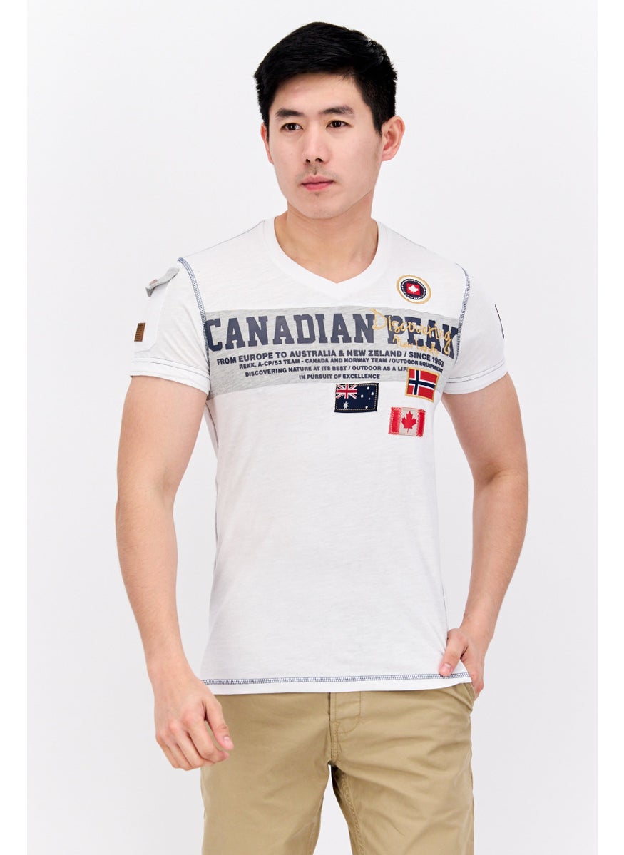 Canadian Peak Men V Neck Short Sleeve Embroidered T-Shirt, White  - Image 1