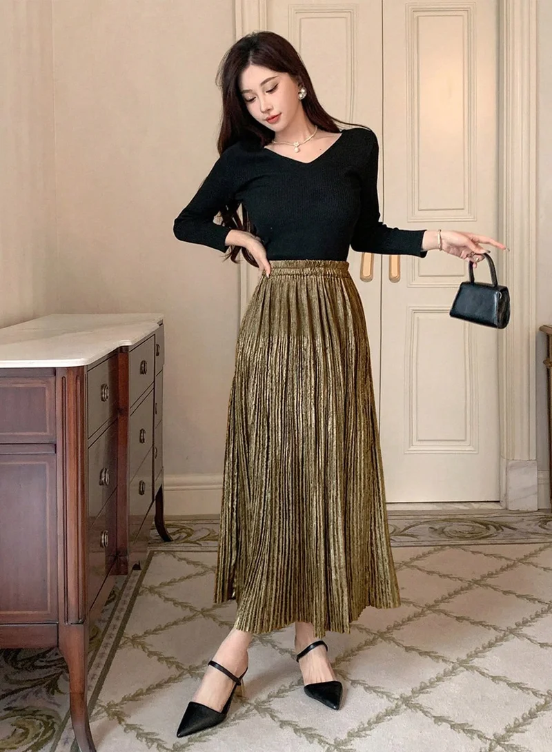 Take Two Solid Elastic Waist Pleated Detail A-Line Skirt