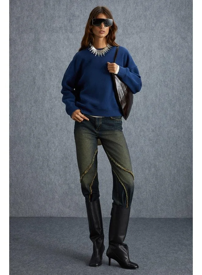 GRIMELANGE Vaneltına Women's Inner‑Polaroid 3‑Ply Organic Cotton Oversize Basic Crew Neck Navy Sweatshirt.