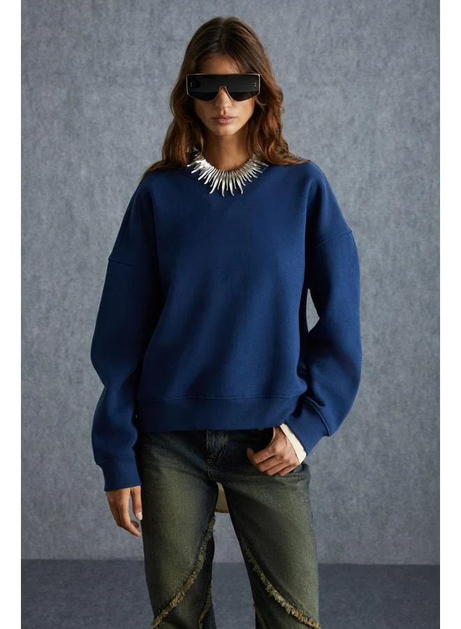 GRIMELANGE Vaneltına Women's Inner‑Polaroid 3‑Ply Organic Cotton Oversize Basic Crew Neck Navy Sweatshirt.