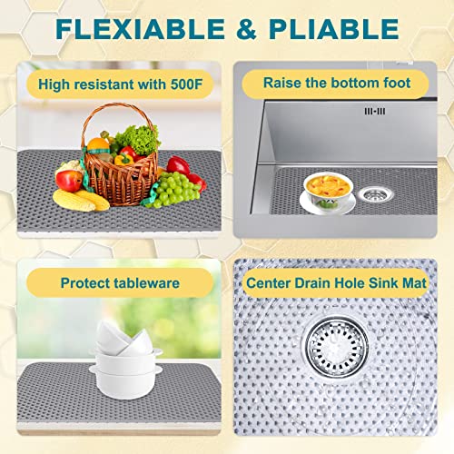 Bestjing Silicone Sink Protectors for Kitchen Sink with Center Drain, 26'' x 14'' Kitchen Protector Accessory, Non-Slip Grid Mat for Bottom of Farmhouse Porcelain Stainless Steel (Center Hole) - Image 4
