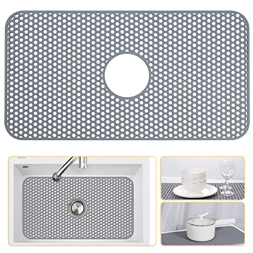 Bestjing Silicone Sink Protectors for Kitchen Sink with Center Drain, 26'' x 14'' Kitchen Protector Accessory, Non-Slip Grid Mat for Bottom of Farmhouse Porcelain Stainless Steel (Center Hole) - Image 1