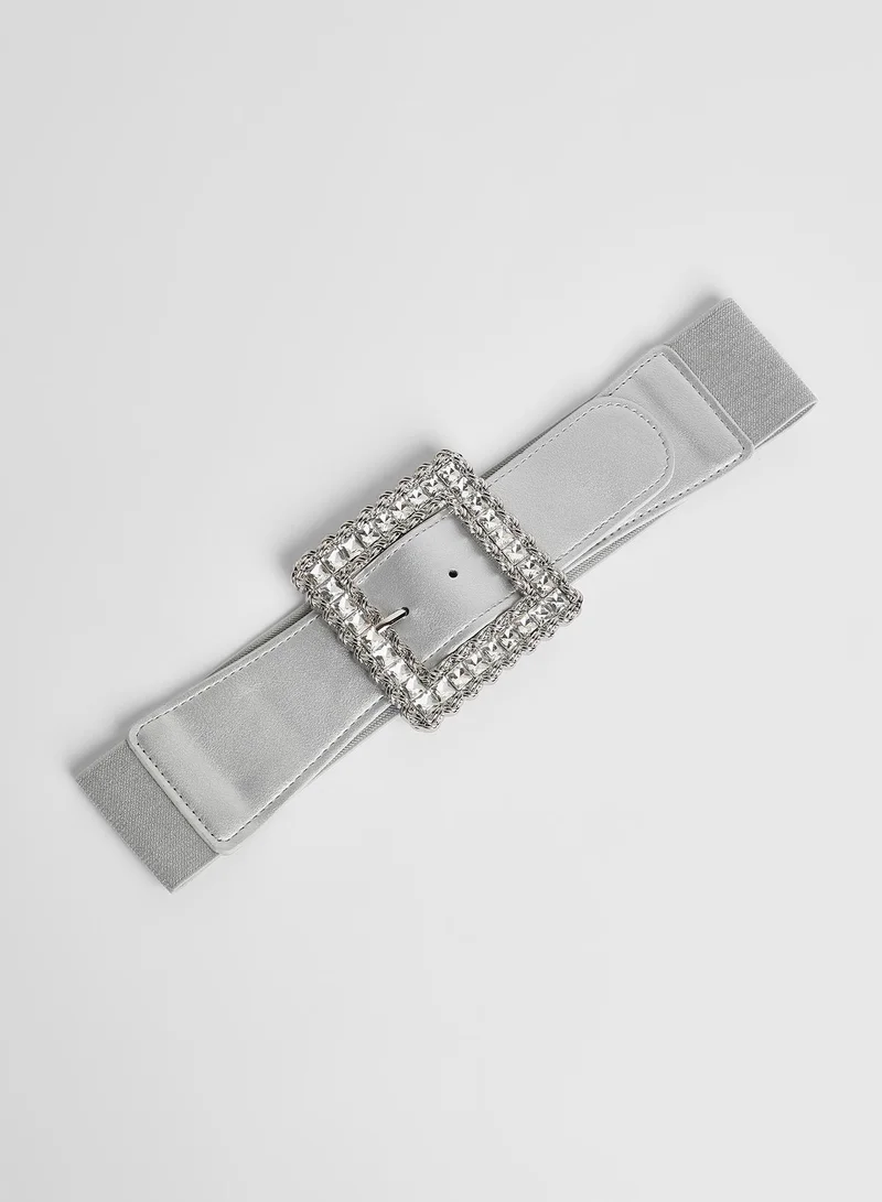 Haute Sauce Haute Sauce Women's The Quartz Quad Elastic Belt For Casual Wear | One-Size | Metallic Silver Colour | Polyester Blend | Tang-Buckle Closure | Stretchable| Non-Reversible | Belts for Ladies & Girls