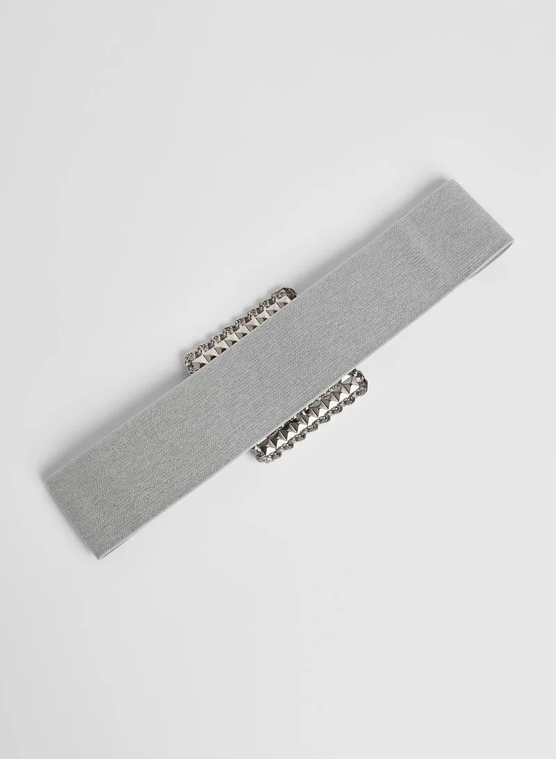 Haute Sauce Haute Sauce Women's The Quartz Quad Elastic Belt For Casual Wear | One-Size | Metallic Silver Colour | Polyester Blend | Tang-Buckle Closure | Stretchable| Non-Reversible | Belts for Ladies & Girls
