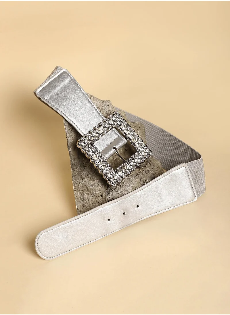 صوص هاوت Haute Sauce Women's The Quartz Quad Elastic Belt For Casual Wear | One-Size | Metallic Silver Colour | Polyester Blend | Tang-Buckle Closure | Stretchable| Non-Reversible | Belts for Ladies & Girls