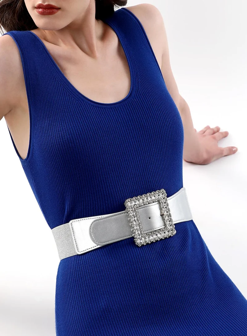 Haute Sauce Haute Sauce Women's The Quartz Quad Elastic Belt For Casual Wear | One-Size | Metallic Silver Colour | Polyester Blend | Tang-Buckle Closure | Stretchable| Non-Reversible | Belts for Ladies & Girls