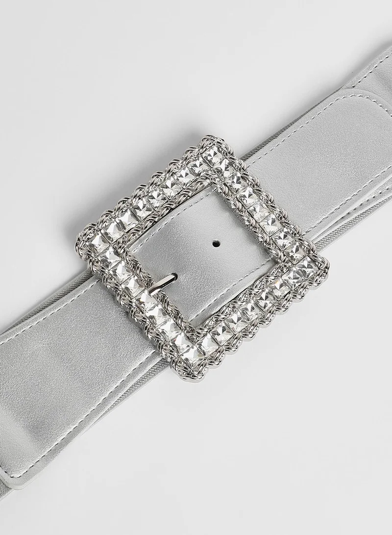 Haute Sauce Haute Sauce Women's The Quartz Quad Elastic Belt For Casual Wear | One-Size | Metallic Silver Colour | Polyester Blend | Tang-Buckle Closure | Stretchable| Non-Reversible | Belts for Ladies & Girls