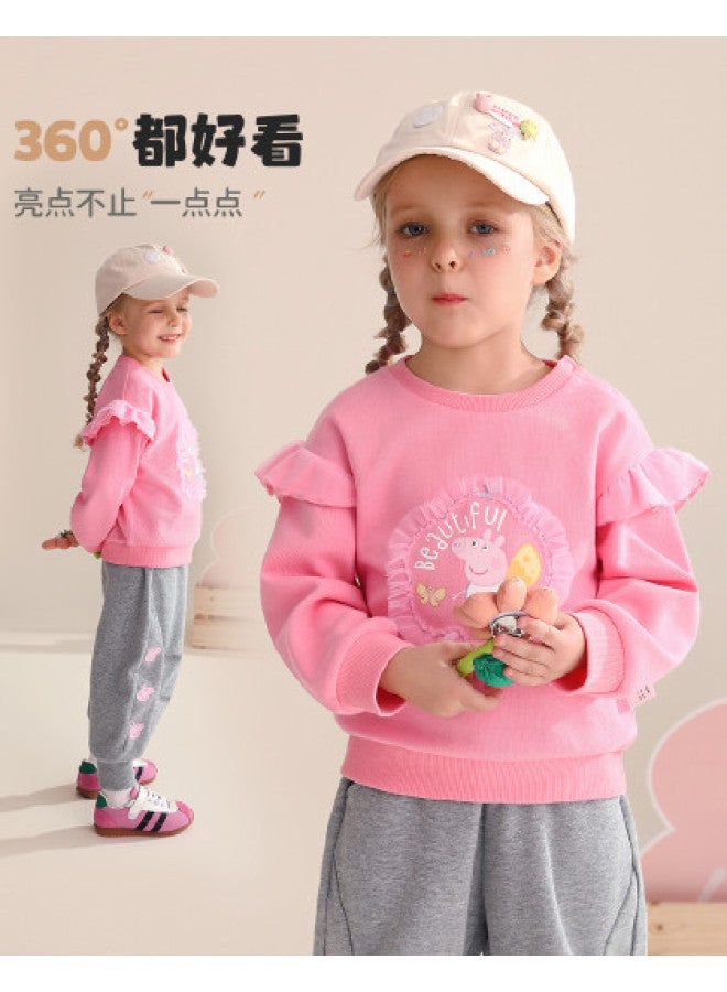 Peppa Pig spring Girls' Casual Pullover Hoodie With Cute Mesh Flower Design Long-sleeve Top - Image 1