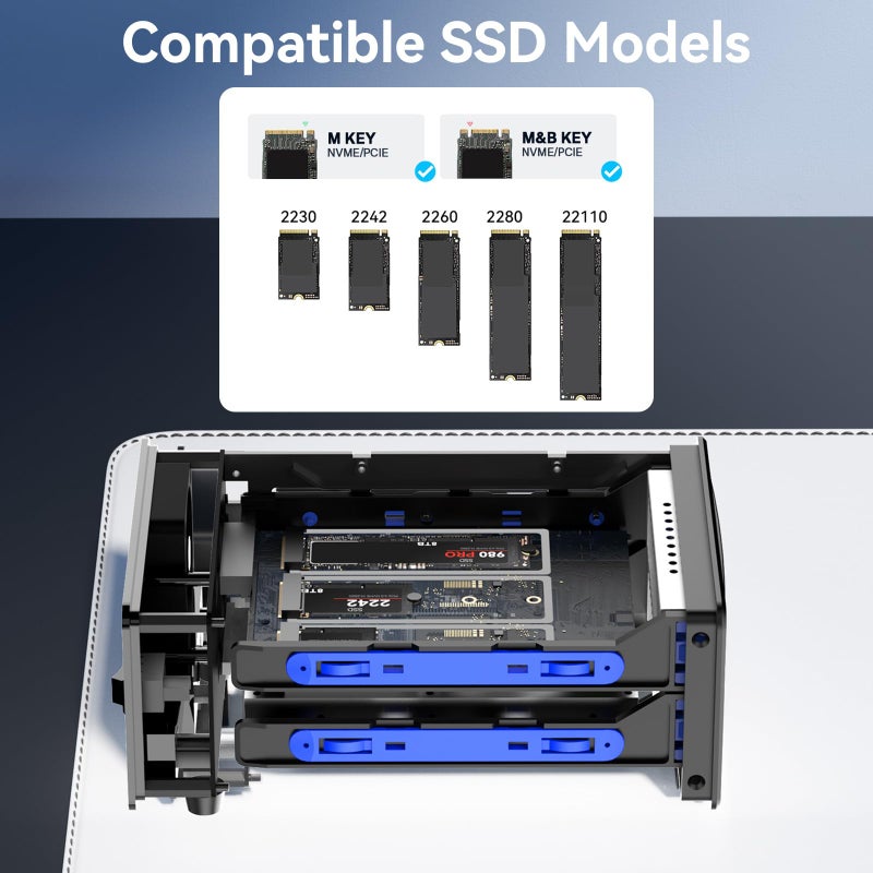 CENMATE 2*3 M / B+M Key M.2 NVMe Enclosure with Cooling Fan and USB A/C 3.2 Gen 2 (10Gbps), Hard Drive Enclosure Support 48TB(2*3*8TB 2230/2242/2260/2280/22110 SSDs) - Image 4