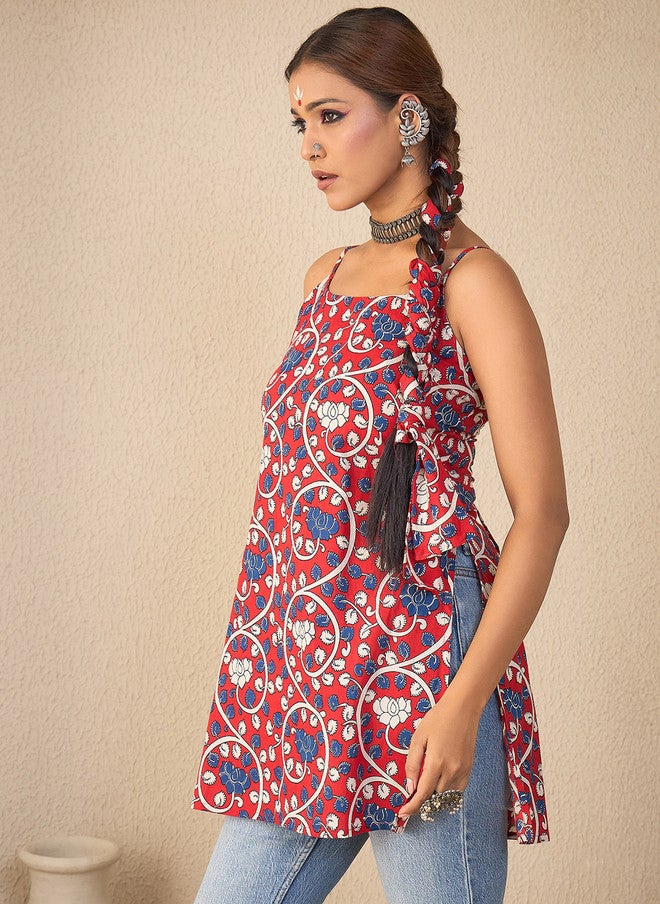 WineRed Wine Red Floral Printed Cotton Strappy Backless Tunic - Image 4