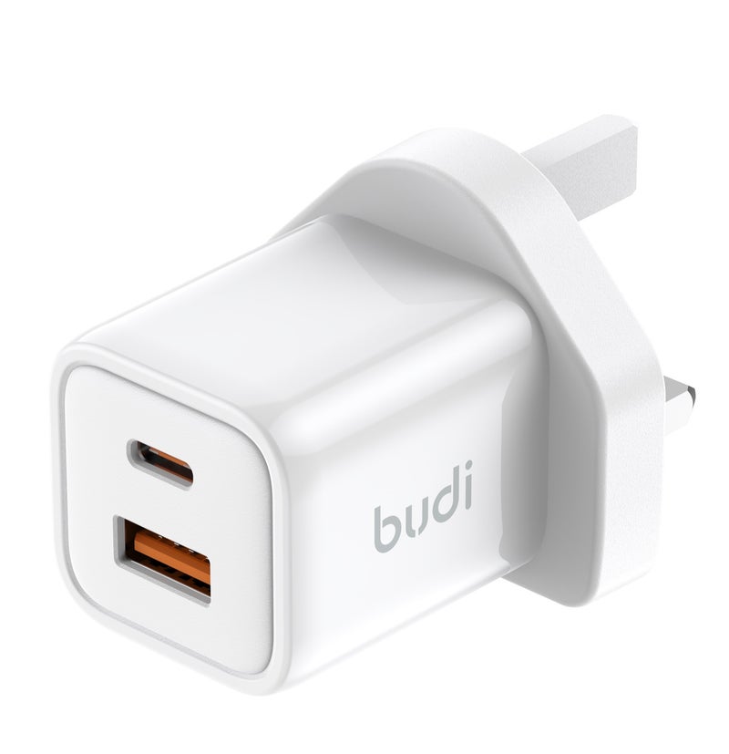 بودي شاحن حائط سريع بقدرة 33 واط بمنفذين (USB-C وUSB-A) يدعم تقنيات PD وQC وPPS، مزود بقابس بريطاني، يتضمن كابل USB-C إلى USB-C بطول متر واحد، باللون الأبيض. - Image 1
