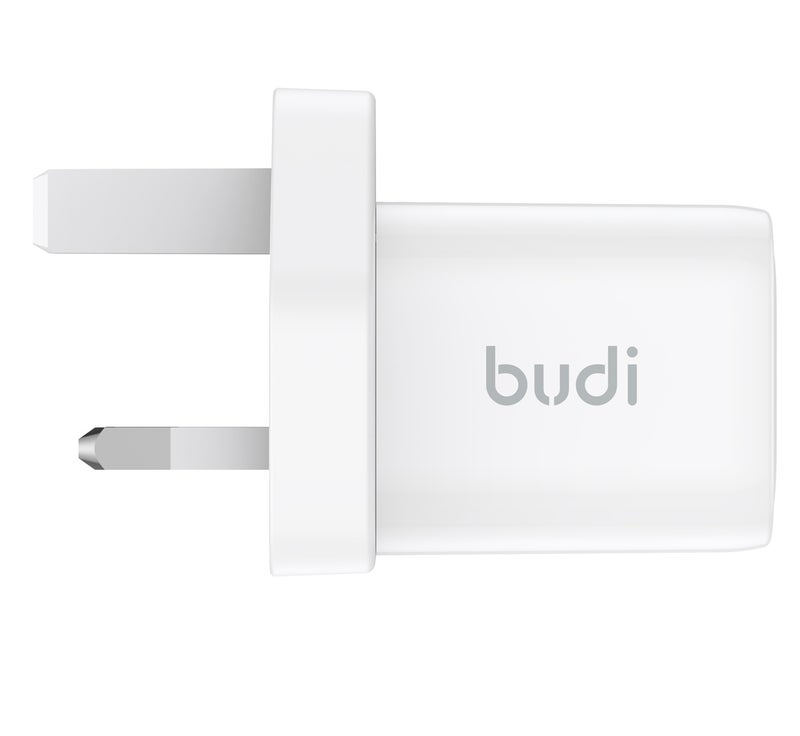 بودي شاحن حائط سريع بقدرة 33 واط بمنفذين (USB-C وUSB-A) يدعم تقنيات PD وQC وPPS، مزود بقابس بريطاني، يتضمن كابل USB-C إلى USB-C بطول متر واحد، باللون الأبيض. - Image 3