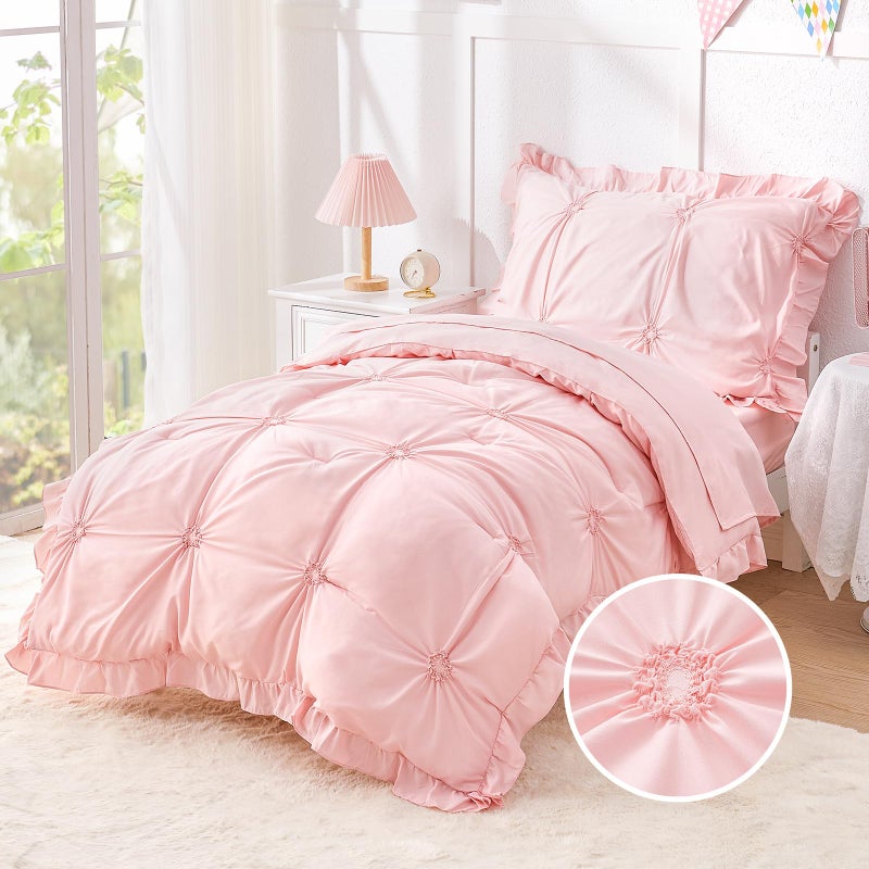 Wowelife Princess Toddler Bedding Set for Girls, Boho Toddler Bed Set, 4 Pieces Ruffles Jacquard Embroidery Toddler Comforter with Comforter, Fitted Sheet, Flat Sheet and Pillowcase, Pink - Image 2
