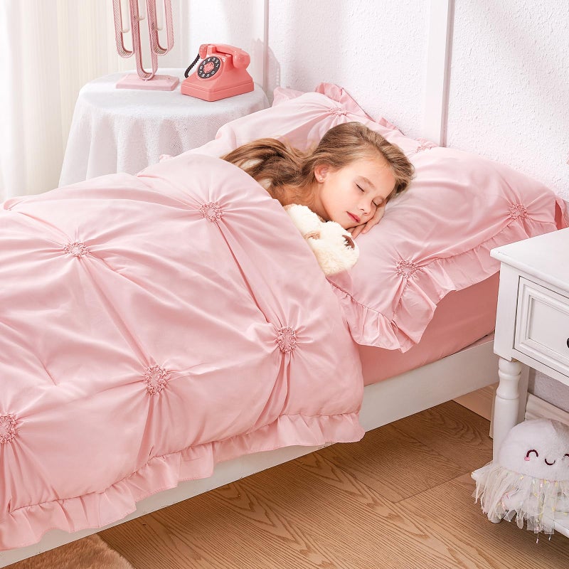 Wowelife Princess Toddler Bedding Set for Girls, Boho Toddler Bed Set, 4 Pieces Ruffles Jacquard Embroidery Toddler Comforter with Comforter, Fitted Sheet, Flat Sheet and Pillowcase, Pink - Image 4
