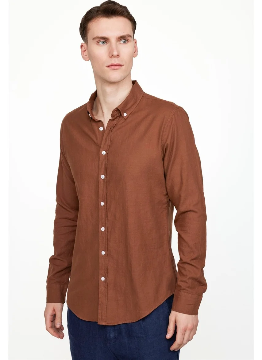تودورس Slim Fit Long Sleeve Ribbed Collar Buttoned Linen Men's Coffee Shirt