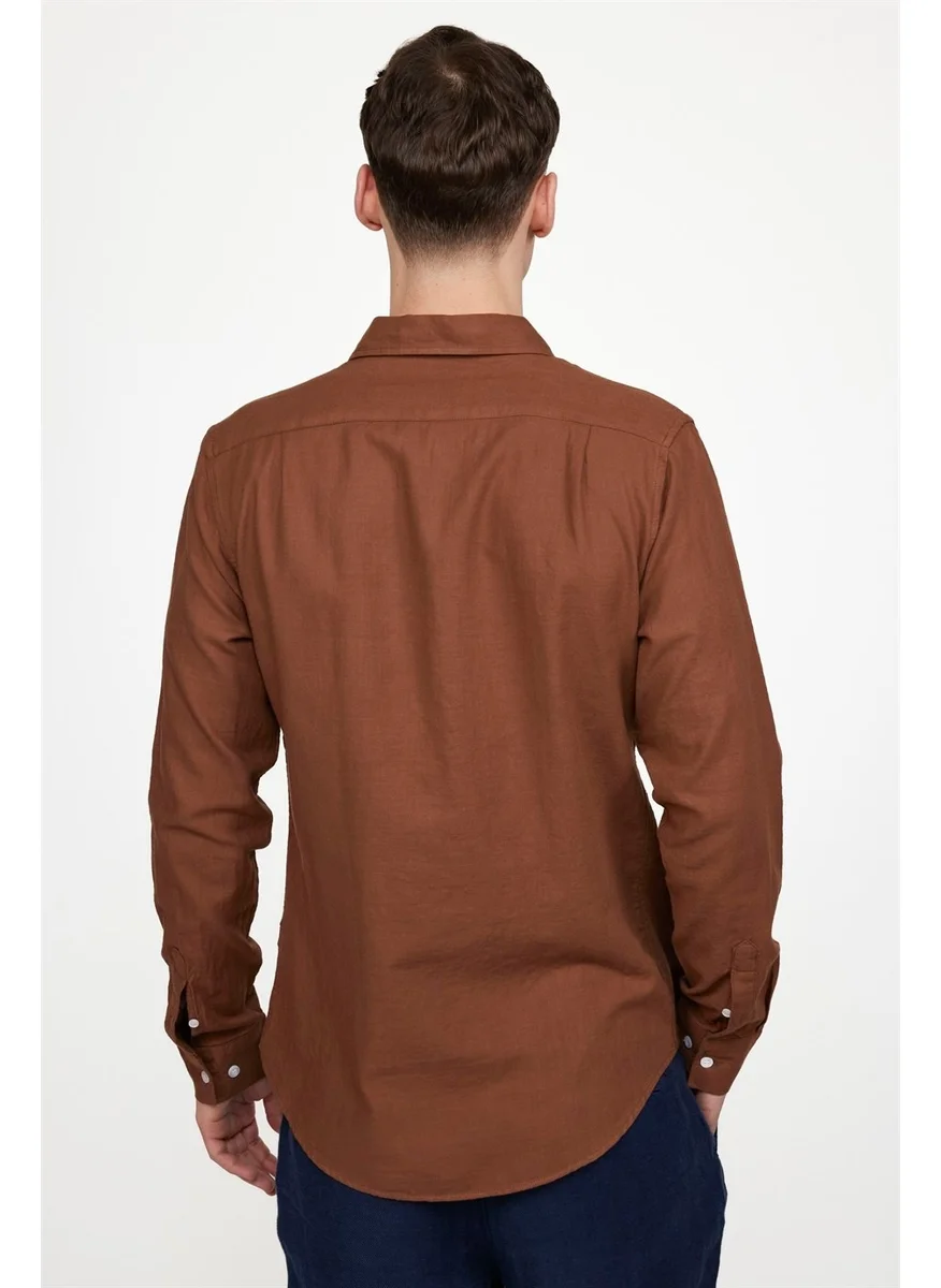 تودورس Slim Fit Long Sleeve Ribbed Collar Buttoned Linen Men's Coffee Shirt