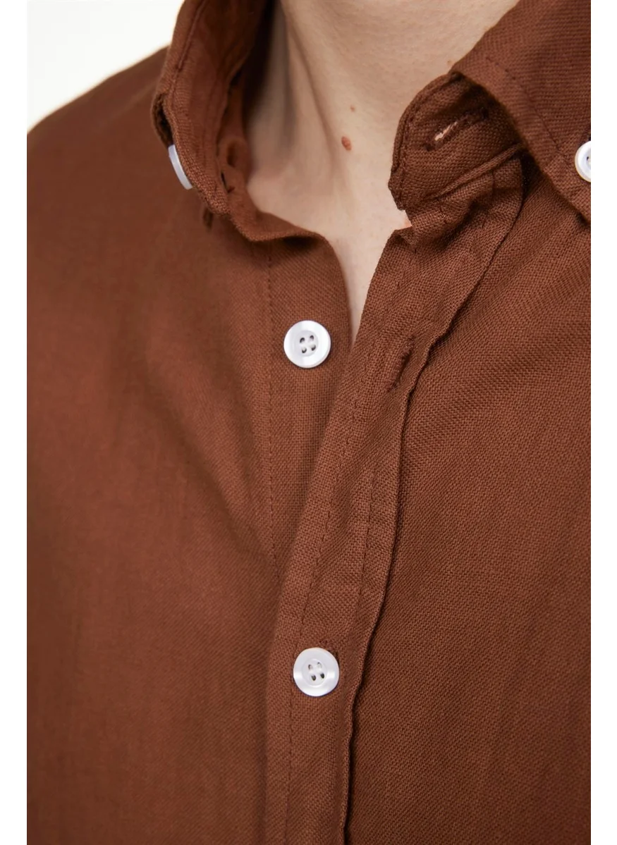 تودورس Slim Fit Long Sleeve Ribbed Collar Buttoned Linen Men's Coffee Shirt