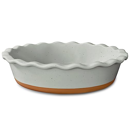 Mora Deep Fluted Ceramic Pie Dish for Apple Pie, Quiche, Tart - 9 inch - Modern Farmhouse Style Porcelain - Earl Grey - Image 1