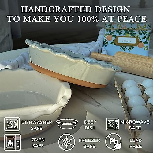 Mora Deep Fluted Ceramic Pie Dish for Apple Pie, Quiche, Tart - 9 inch - Modern Farmhouse Style Porcelain - Earl Grey - Image 4