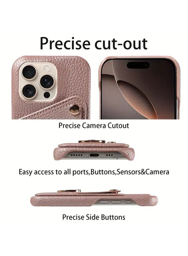 Rose Golden Faux Leather Phone Cover With Ring Stand And Card Slot For IPhone 12 - Image 3