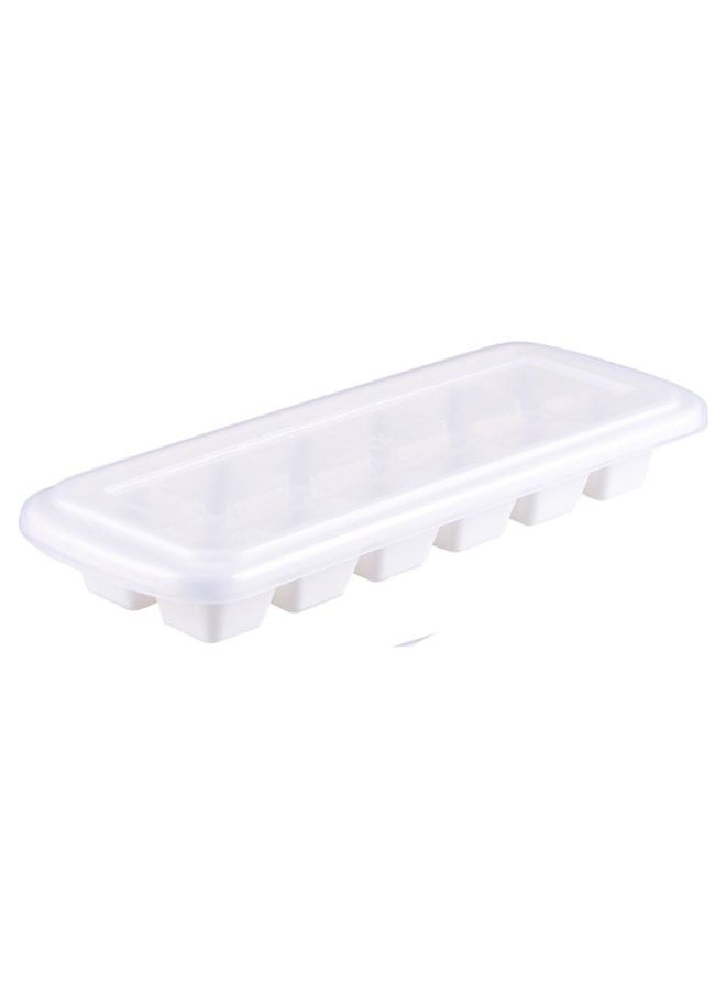 Ice cube tray with lid made of high-quality plastic, contains 12 cubes, ideal for cooling drinks and juices.