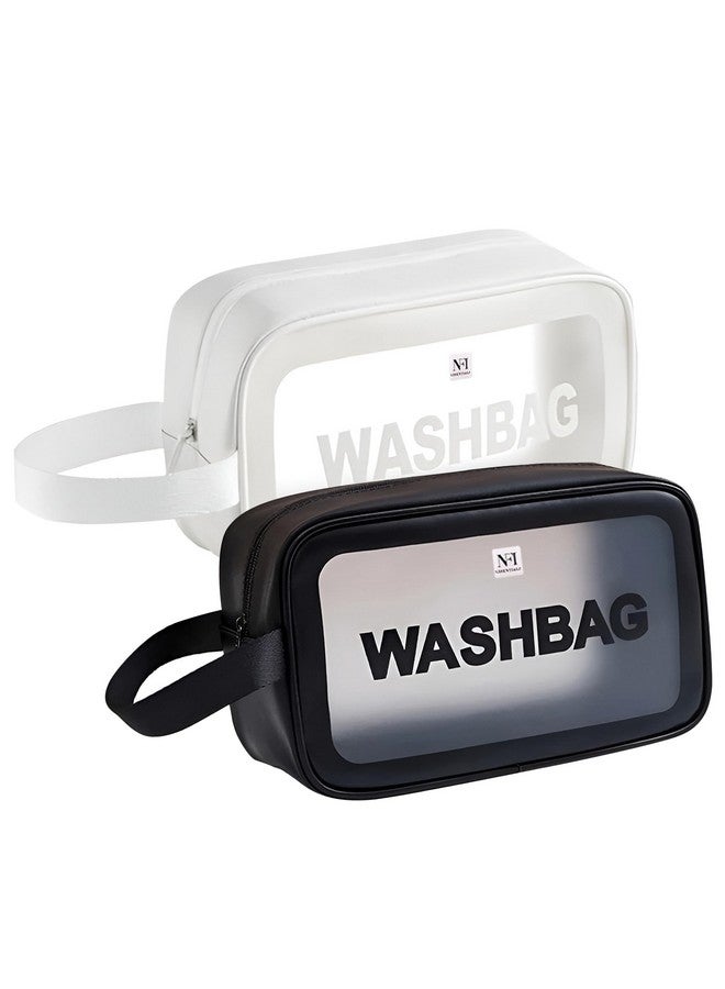 NFI essentials PVC Pack of 2 Transparent Cosmetic Organizer Bag with Handle, Washbag Pouch Travel Makeup Bag Portable Carry Toiletry Storage Bag Makeup Pouch for Women Girls - Image 1