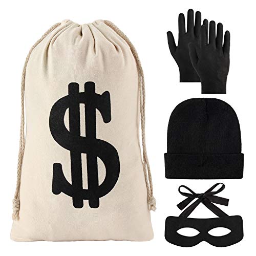YAROMO 4 Pieces Robber Costume Set Include Canvas Dollar Sign Money Bags Bandit Eye Mask Knit Beanie Cap for Halloween Cosplay Burglar Theme Party - Image 1
