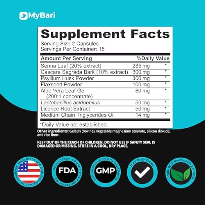 Mybari 15 Day Cleanse - Gut and Colon Support - Advanced Gut Cleanse Detox for Women & Men with Senna, Cascara Sagrada & Psyllium Husk - Non-GMO - Made in USA - 30 Capsules - Image 5