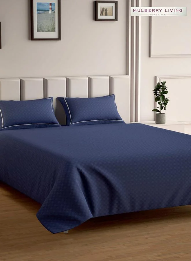 Mulberry Living 100% Cotton King Flat Bedsheet With 2 Pillow Covers - 300Tc Urban Grid - Mediterranean Blue