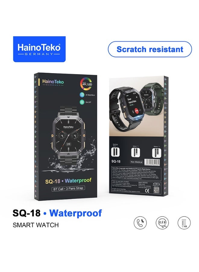 Haino Teko Haino Teko SQ-18 Waterproof Smartwatch with Scratch-Resistant AMOLED Display, 3 Interchangeable Straps & Charging Cable – Black - Image 1