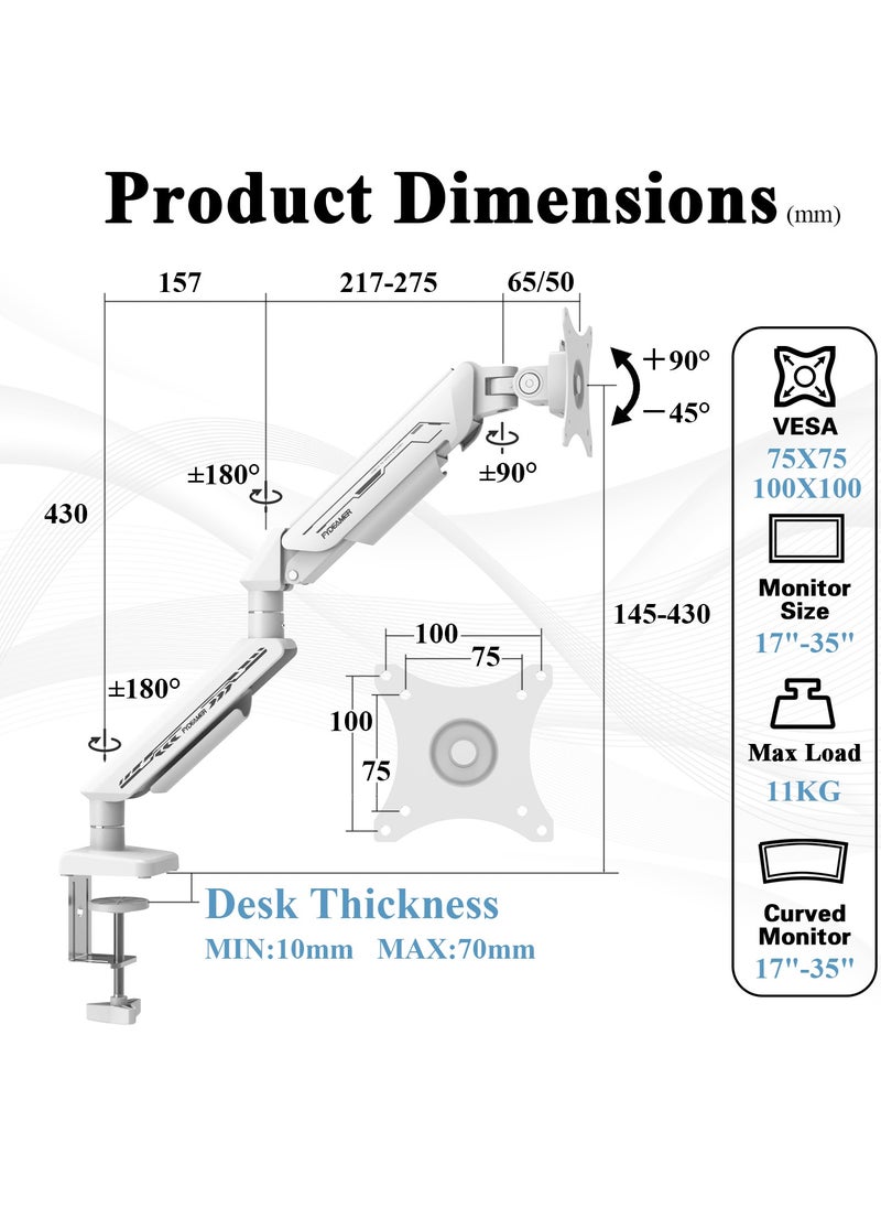 Fydeamer Fydeamer PC Monitor Arm Gaming Monitor Arm 17-35 inches LCD Display Arm Gas Spring VESA 75X75/100X100 Multi Angle Adjustment 11KG/24LBS Load Capacity Single Arm White  - Image 2