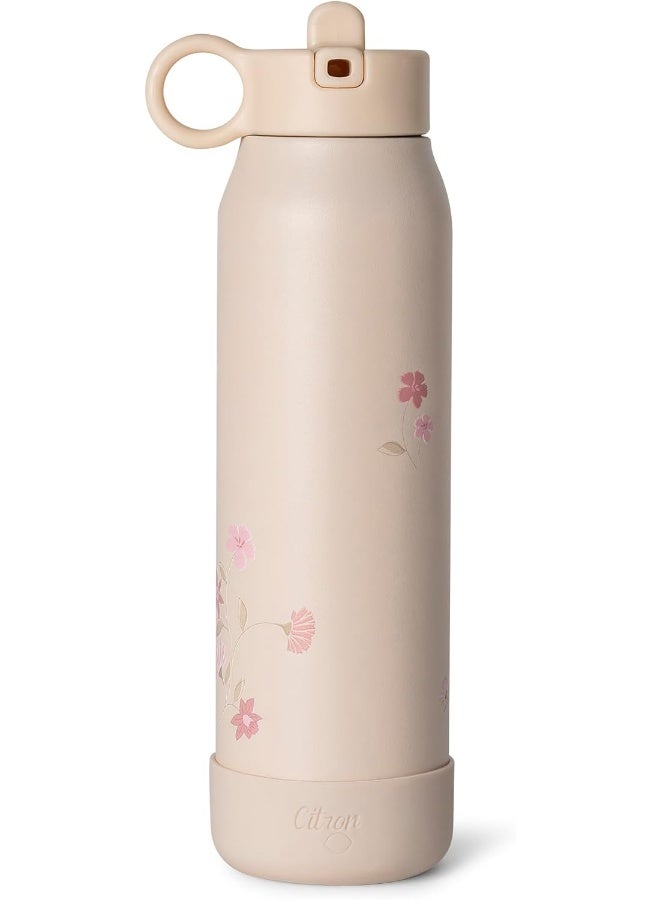 Citron 350Ml Bpa Free Kids Water Bottle With Flask Straw Lid, Vacuum Insulated 304 Stainless Steel, Leak-Proof Flask For School, Girls Water Bottle , Flowers Design - Image 1